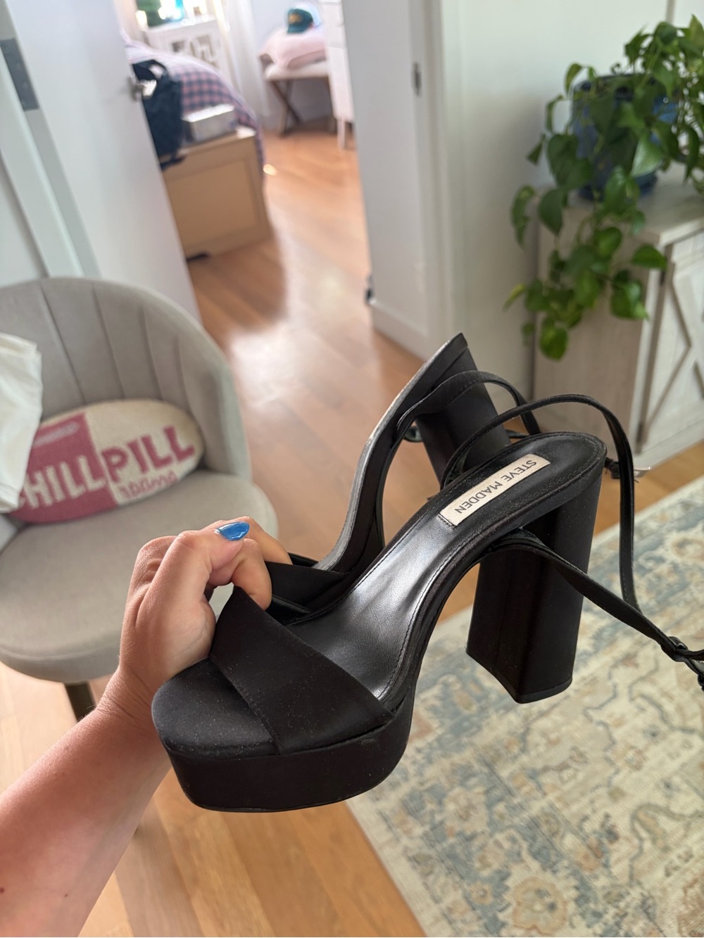 Steve Madden Black Satin Platform Block Heel Sandals